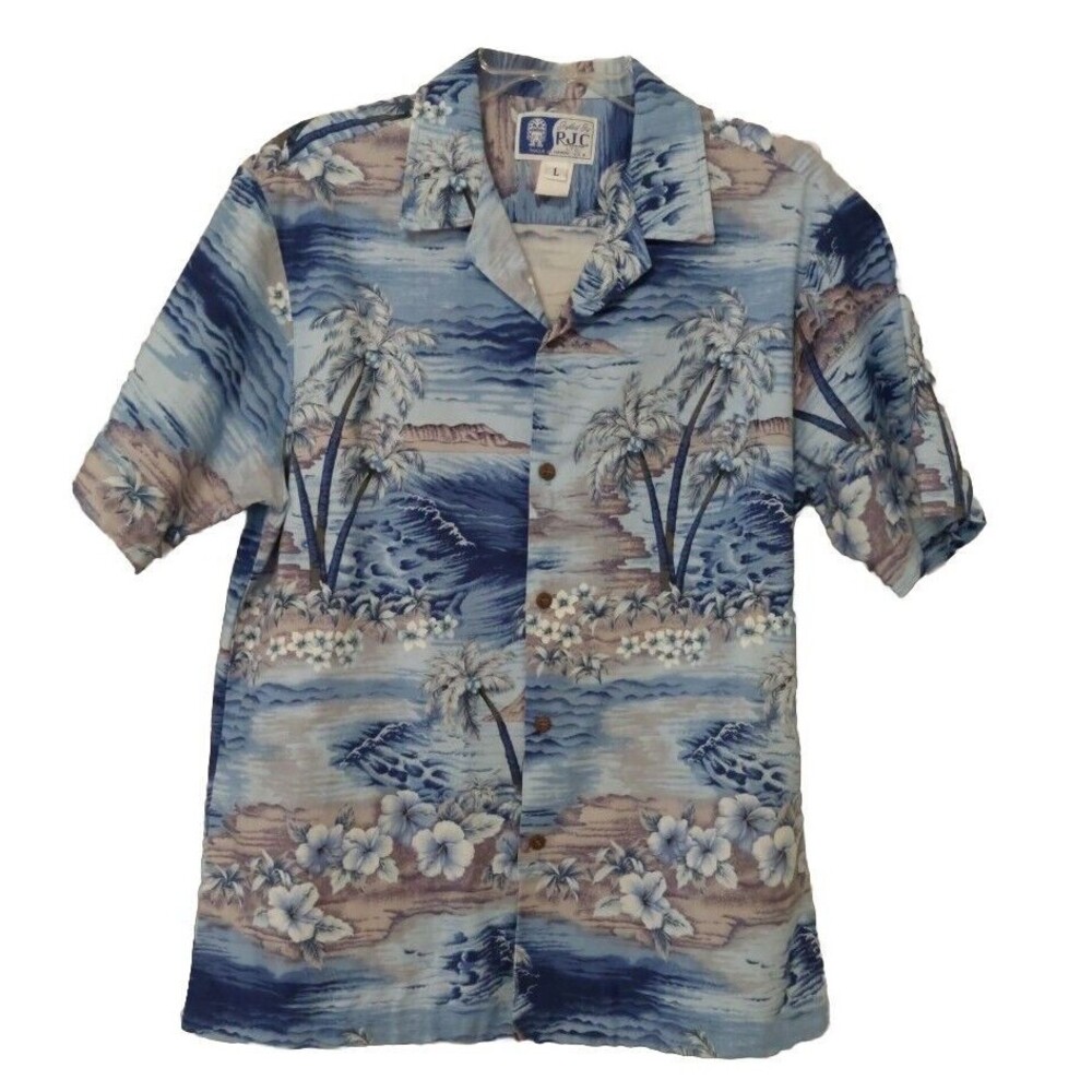 RJC Hawaiia Shirt Men L Blue White Short Sleeve Button Up Surf Cotton VTG USA